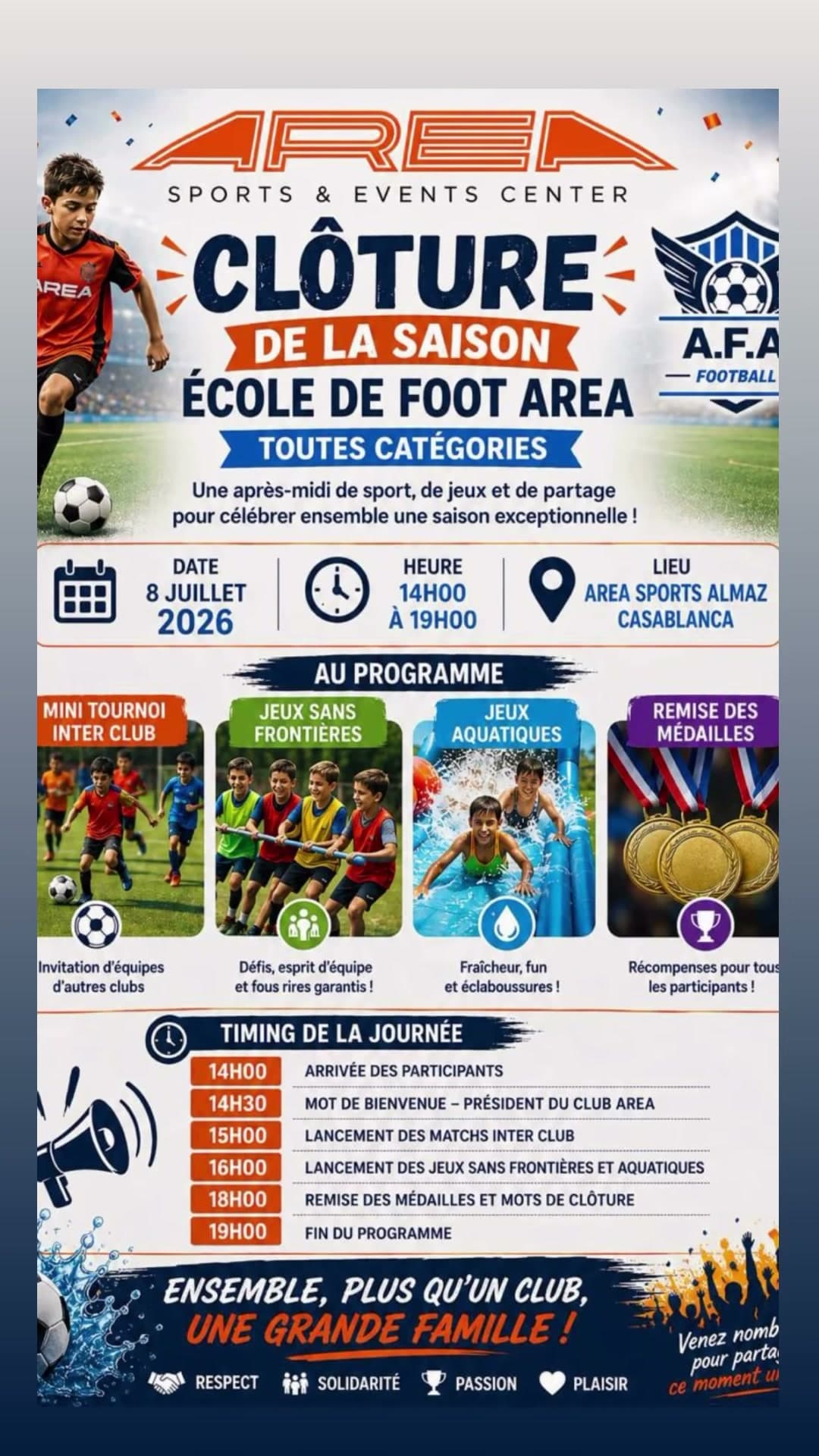 Affiche historique de clôture de saison de l’école de foot AREA, 8 juillet 2026